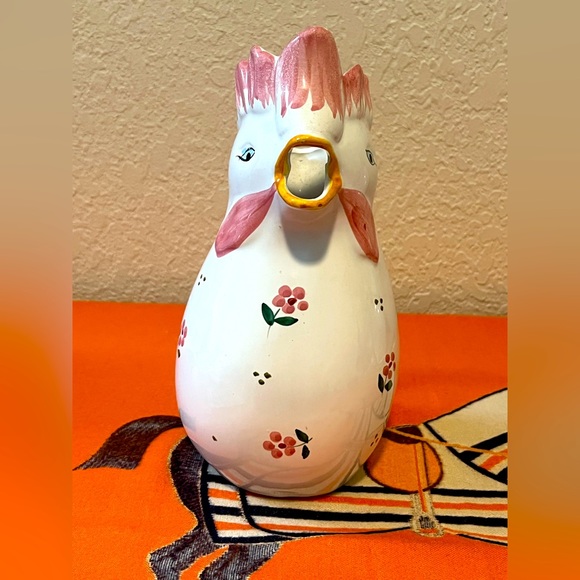 Large Ceramic Italian Rooster Pitcher. Handpainted In Italy. Flowers. 2210 - Picture 2 of 7